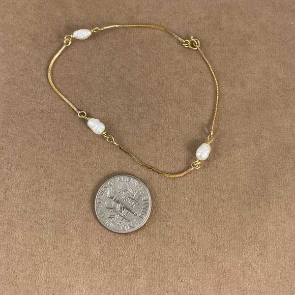 Vintage 14K Gold Cobra Chain & Rice Pearl Bracelet - Picture 2 of 7